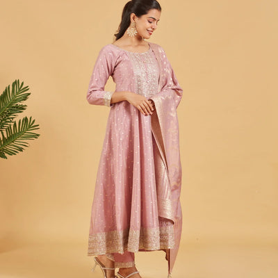 Dusty Pink Anarkali Set With Matching Dupatta