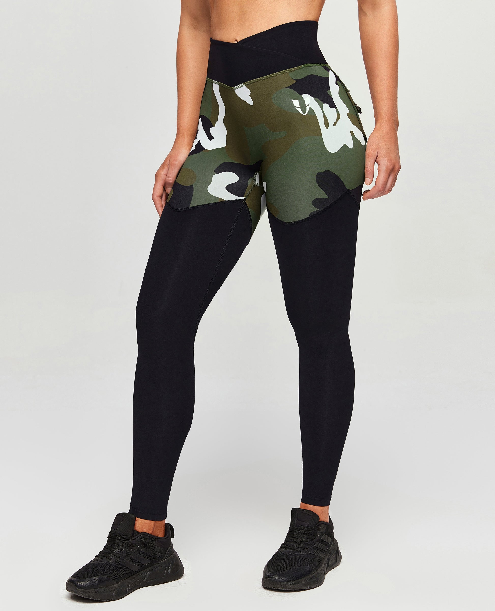 V-Waist Gym Leggings - White Green Camo