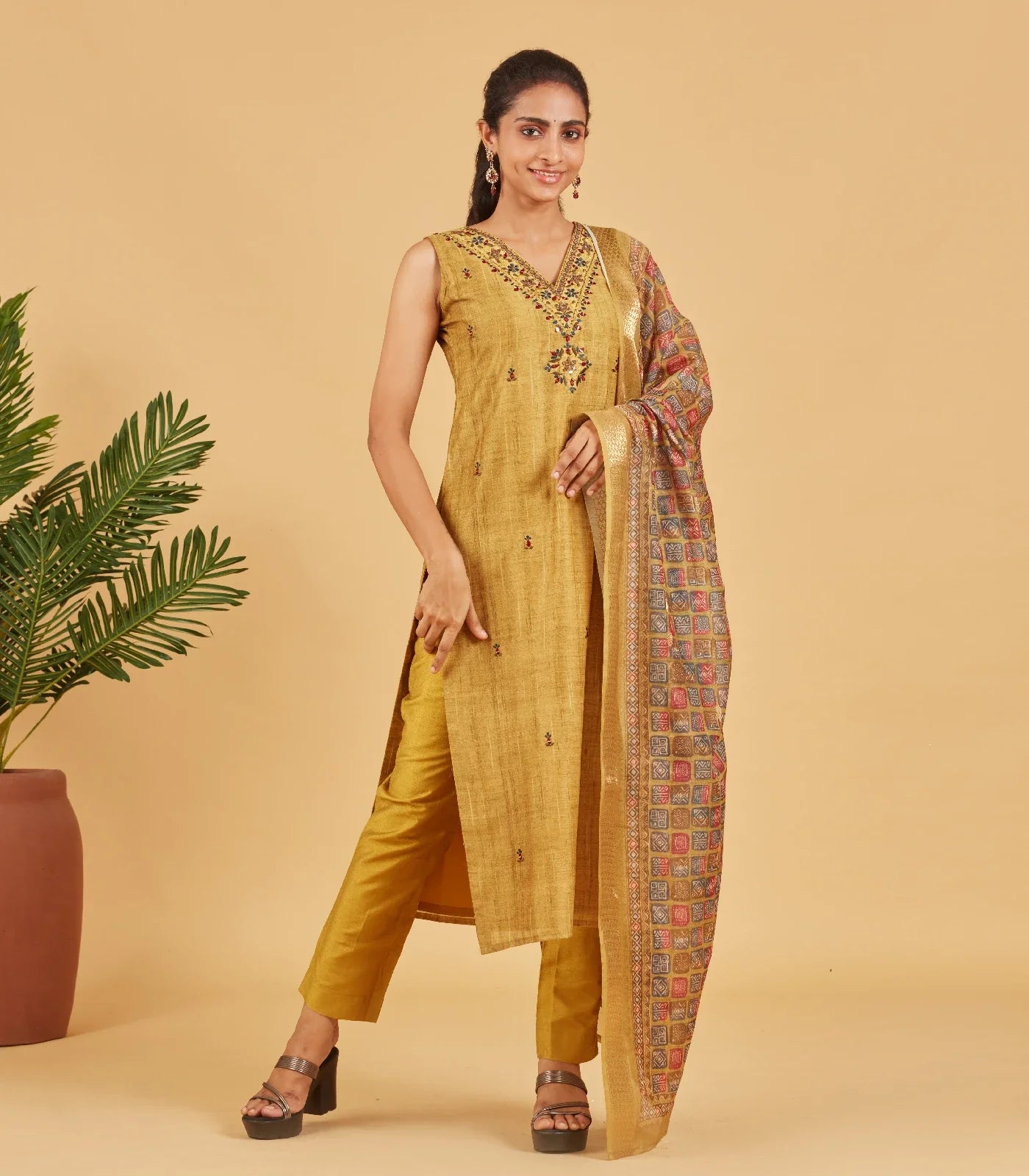 Olive Kurta Set With Matching Dupatta