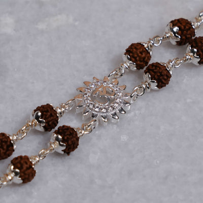 Silver Rakhi with Rudraksha, Om Flower Brooch, Double Line Bracelet