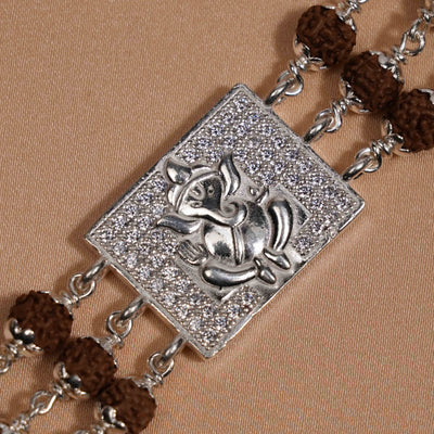 Rudraksha Silver Daimond Ganesh Tripel Line Bracelet