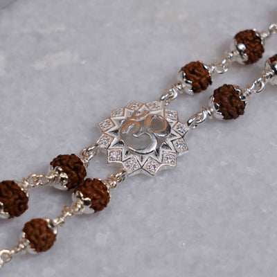 Silver Rakhi with Rudraksha, Om Flower Design, Double Line Bracelet