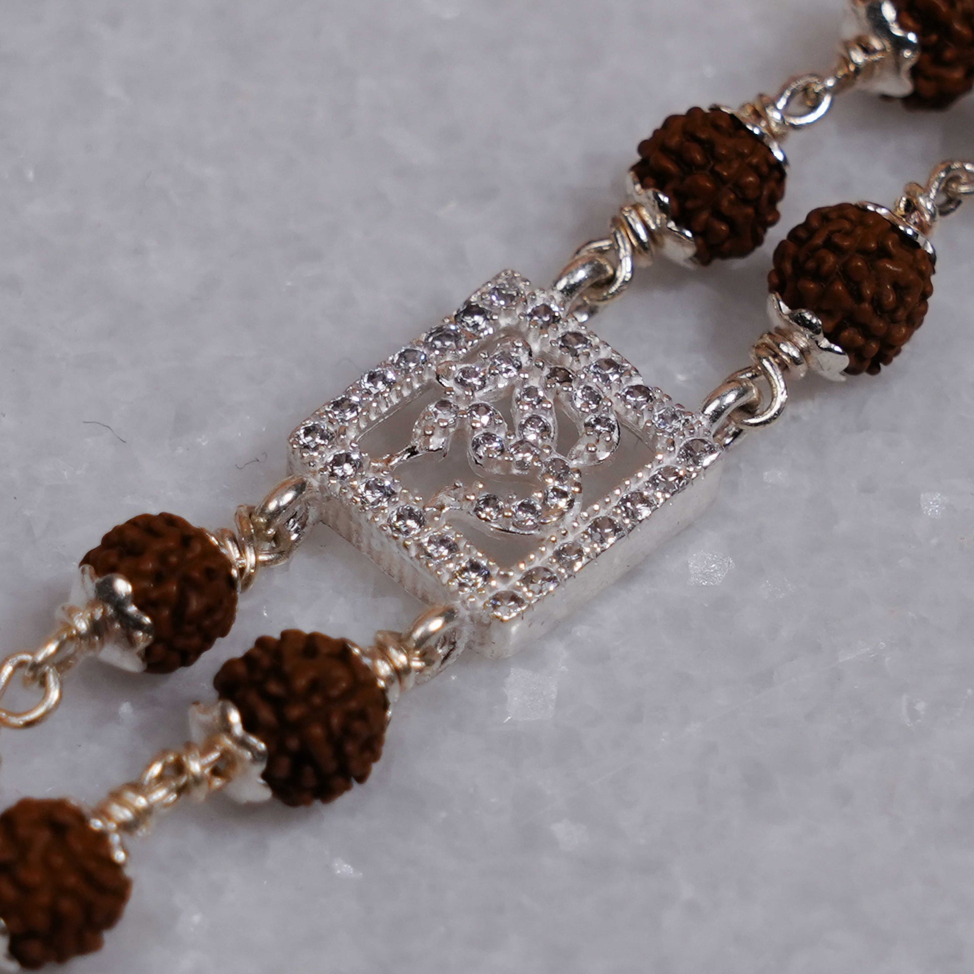 Silver Rakhi with Rudraksha, Om, and Ganesh, Double Line Design