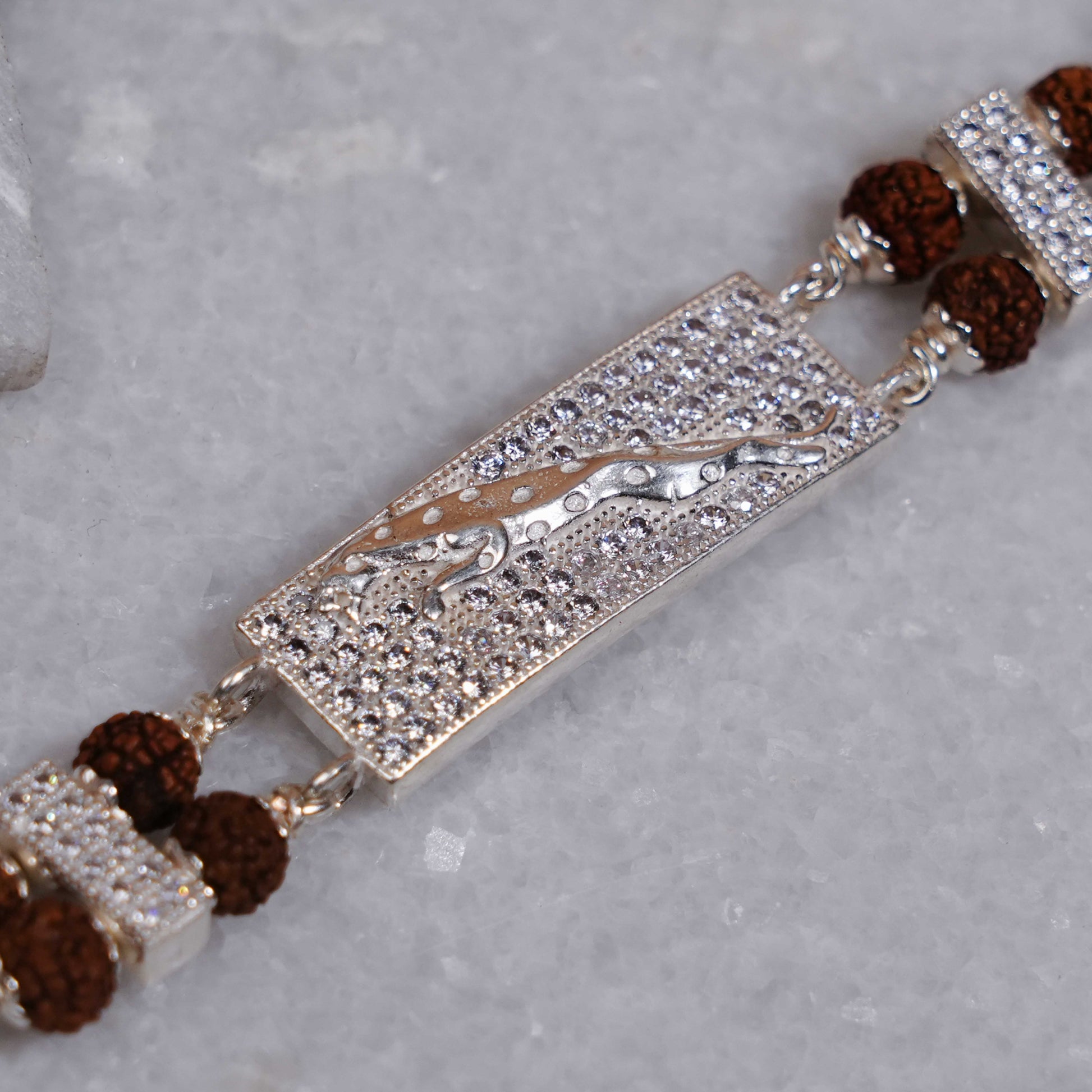 Rudraksha Silver Bracelet with Jaguar in Square Shape Double Line for Men