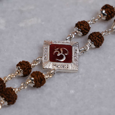 Silver Rakhi with Rudraksha, Om, and Three Rhombus Brooches, Double Line Design