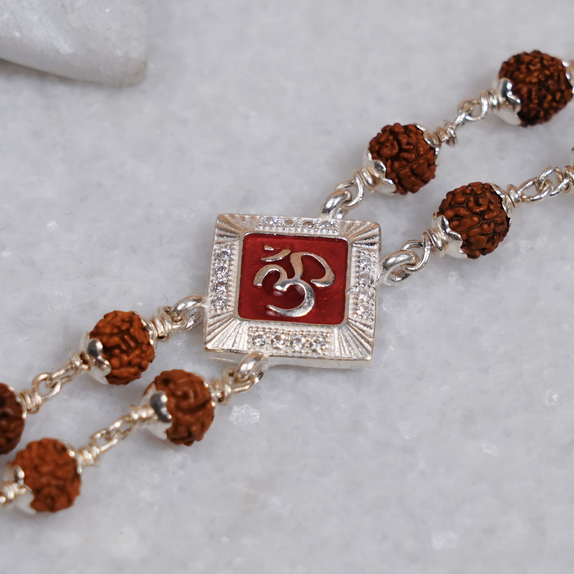 Silver Rakhi with Rudraksha and Two Om Symbols, Double Line Design