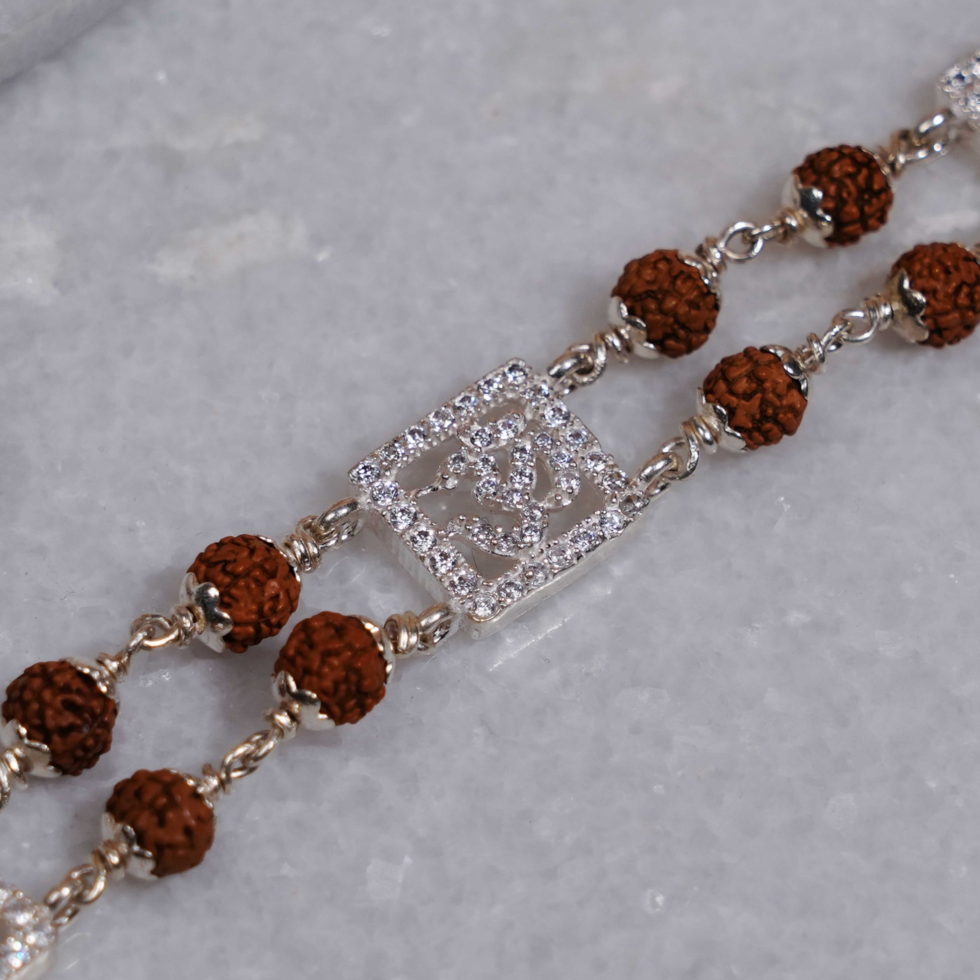 Silver Rakhi with Rudraksha and Three Om, Double Line Design