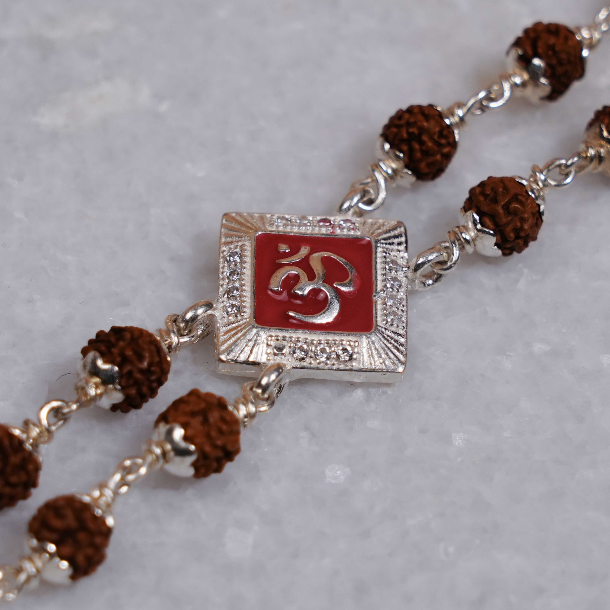 Silver Rakhi with Rudraksha and Om, Red-Colored Double Line Design