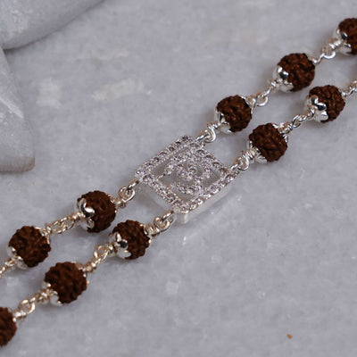 Rudraksha Silver Square Daimond Om double line Bracelet