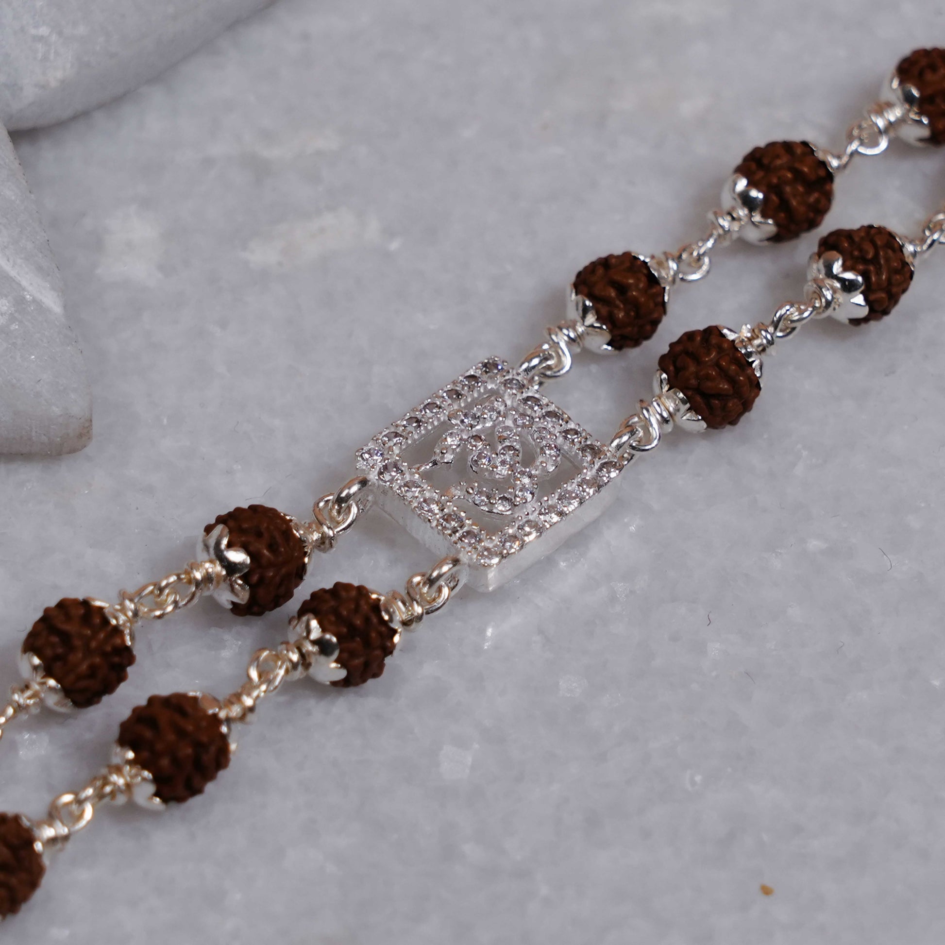 Rudraksha Silver Square Daimond Om double line Bracelet