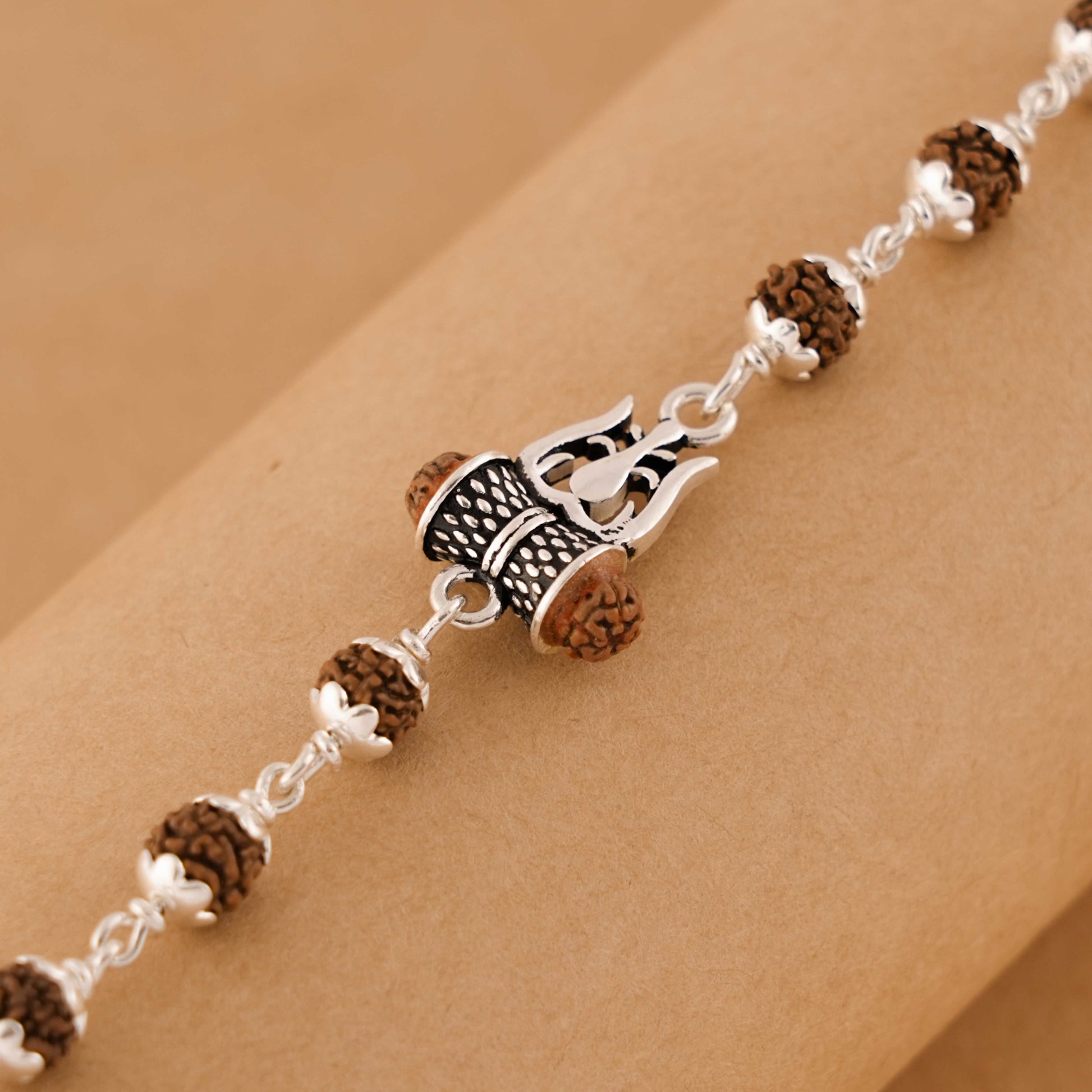 Rudraksha Silver Bracelet with Om Damru Single Line for Men