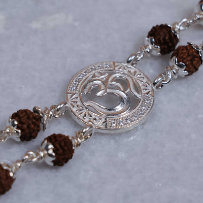 Silver Rakhi with Original Rudraksha, Central Om in Circular Sphere, Double Line Design for Men