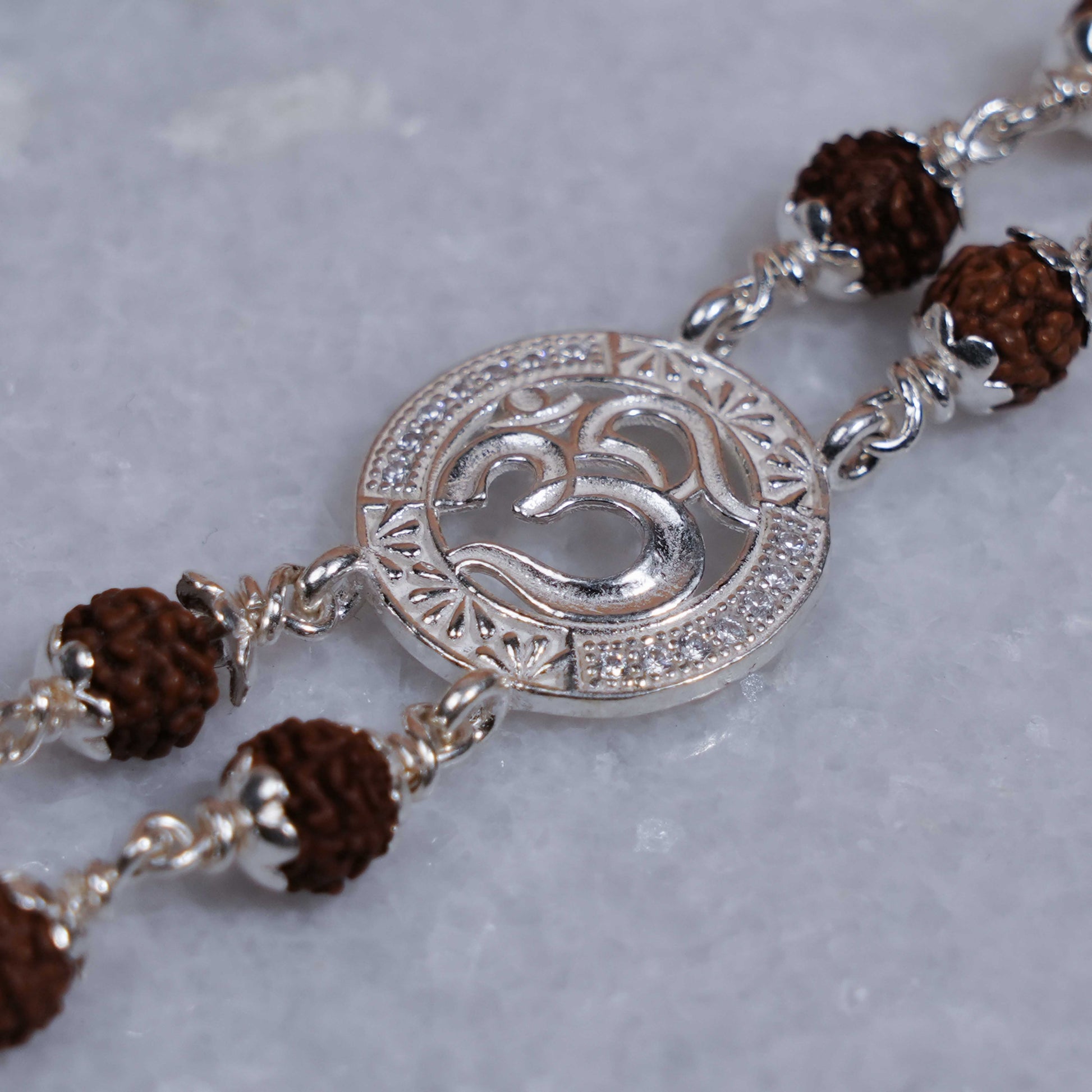 Original Rudraksha Silver Bracelet with Central Om in Circular Sphere Double Line for Men