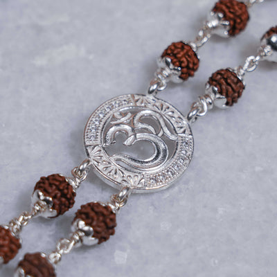 Silver Rakhi with Rudraksha and Om in the Middle, Double Line Design