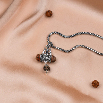 Rudraksha Trishul and Damru Pendant with Silver Chain