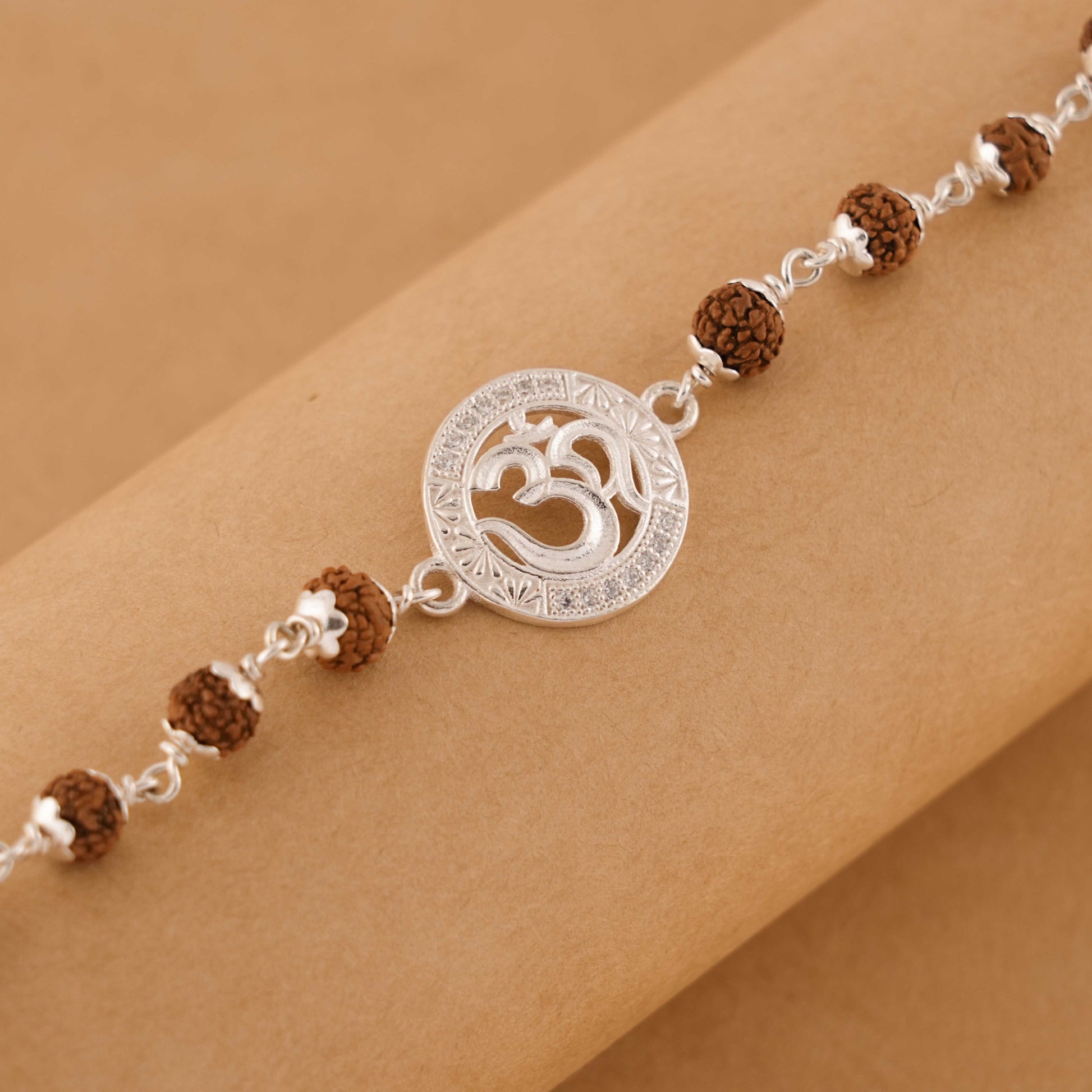 Silver Rakhi with Om and Single Line Rudraksha