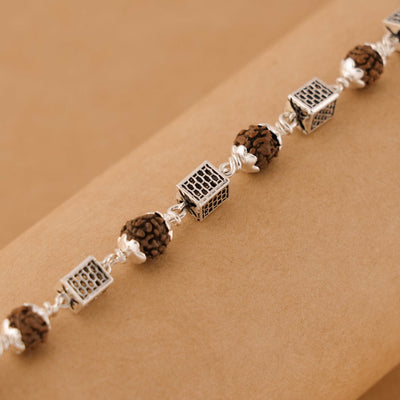 Silver Rakhi with Square Cylinder Rudraksha Beads