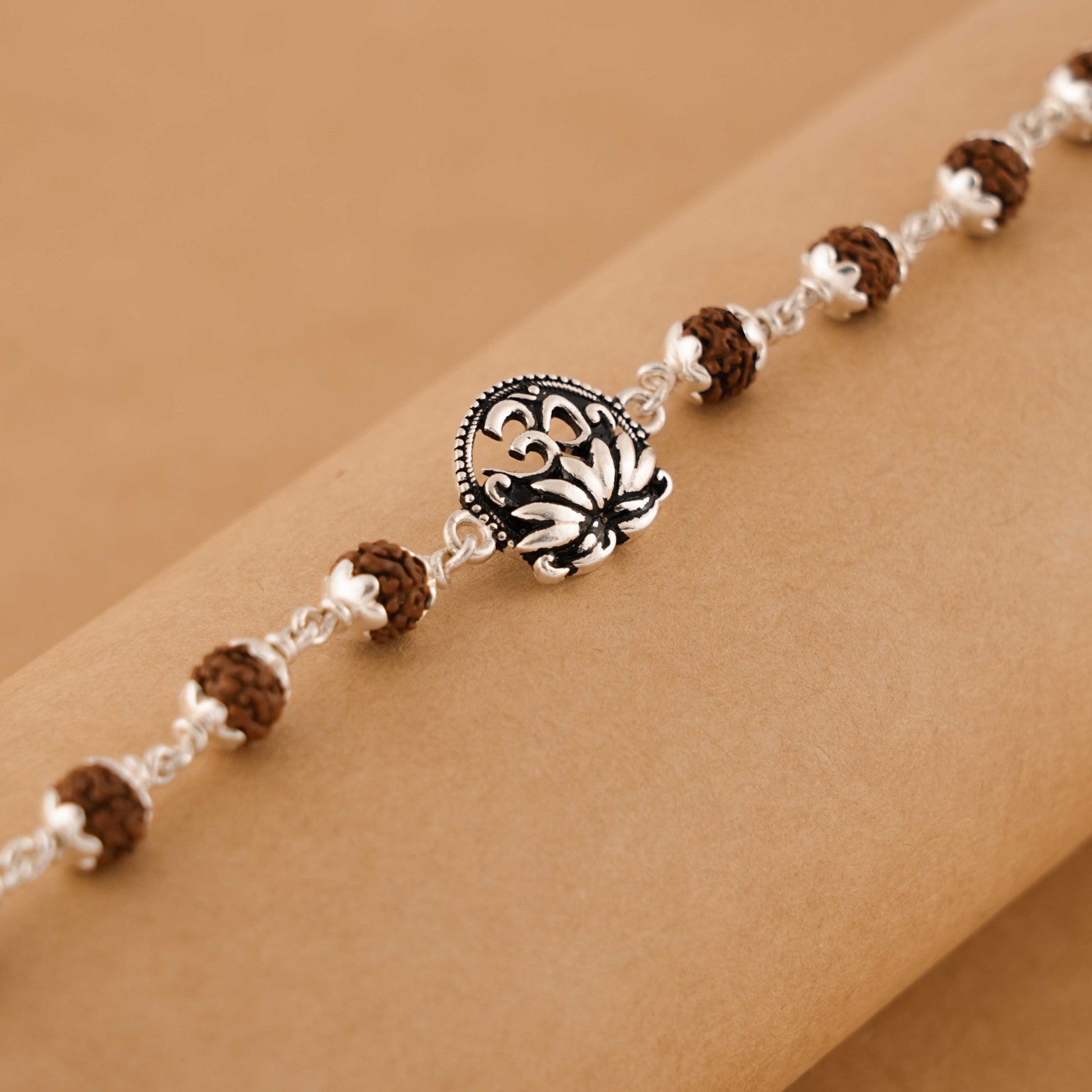 Silver Rakhi with Om and Lotus Flower and Single Line Rudraksha for Men