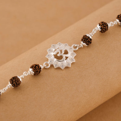 Silver Rakhi with Om in a Concave Sphere and Single Line Rudraksha