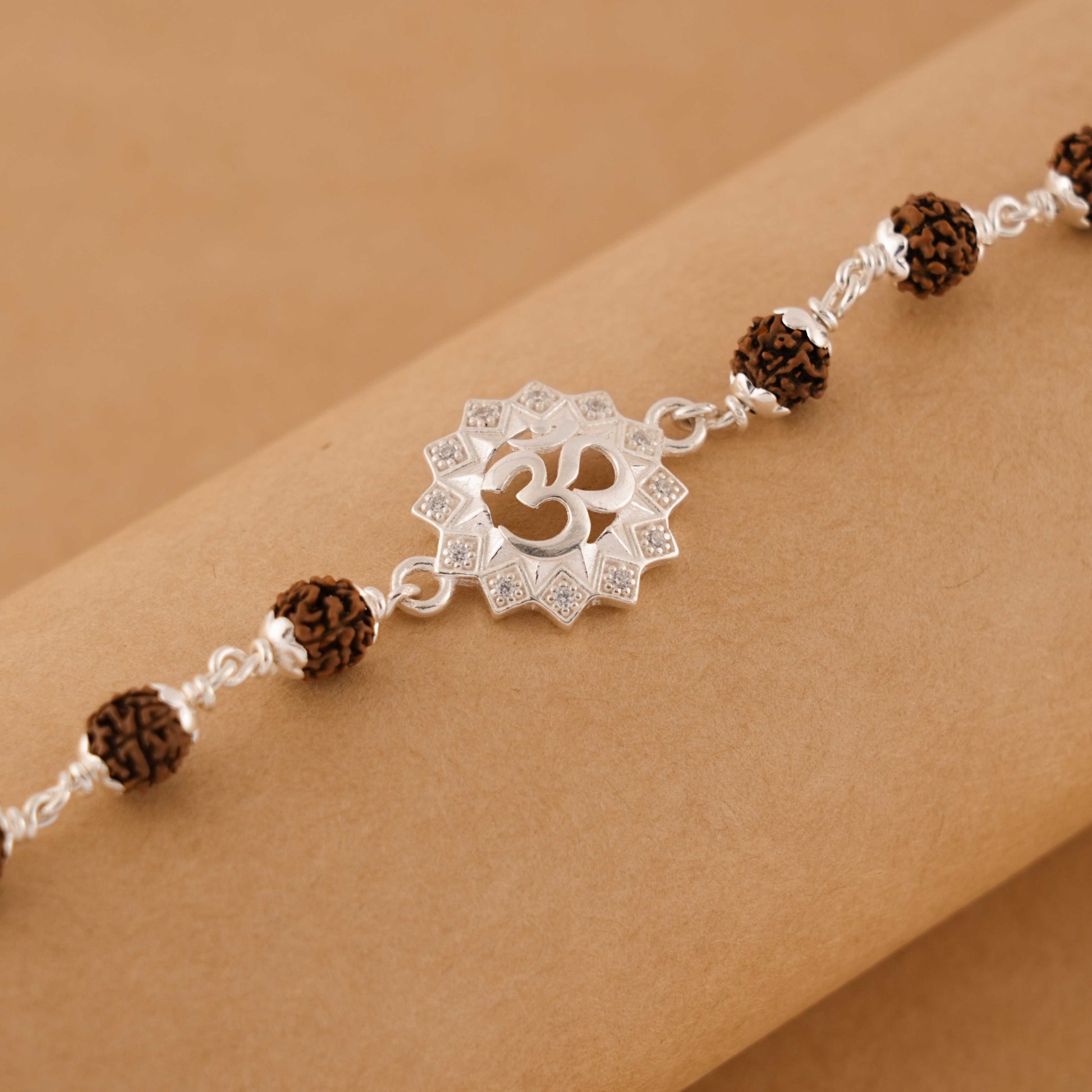 Silver Rakhi with Om in a Concave Sphere and Single Line Rudraksha