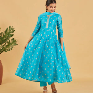 Turquoise And Gold Anarkali Set