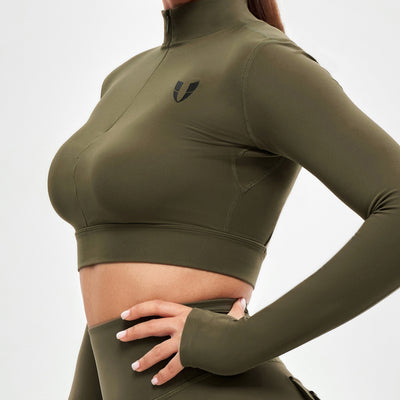 Stand Collar Crop Top - Combat Green