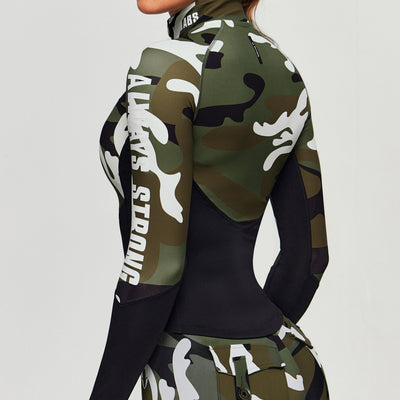 Half Zip Long Sleeve Top - White Green Camo