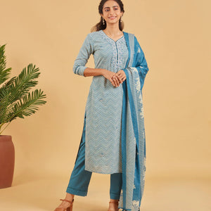 Classic Blue Cotton Kurta Set With Matching Dupatta