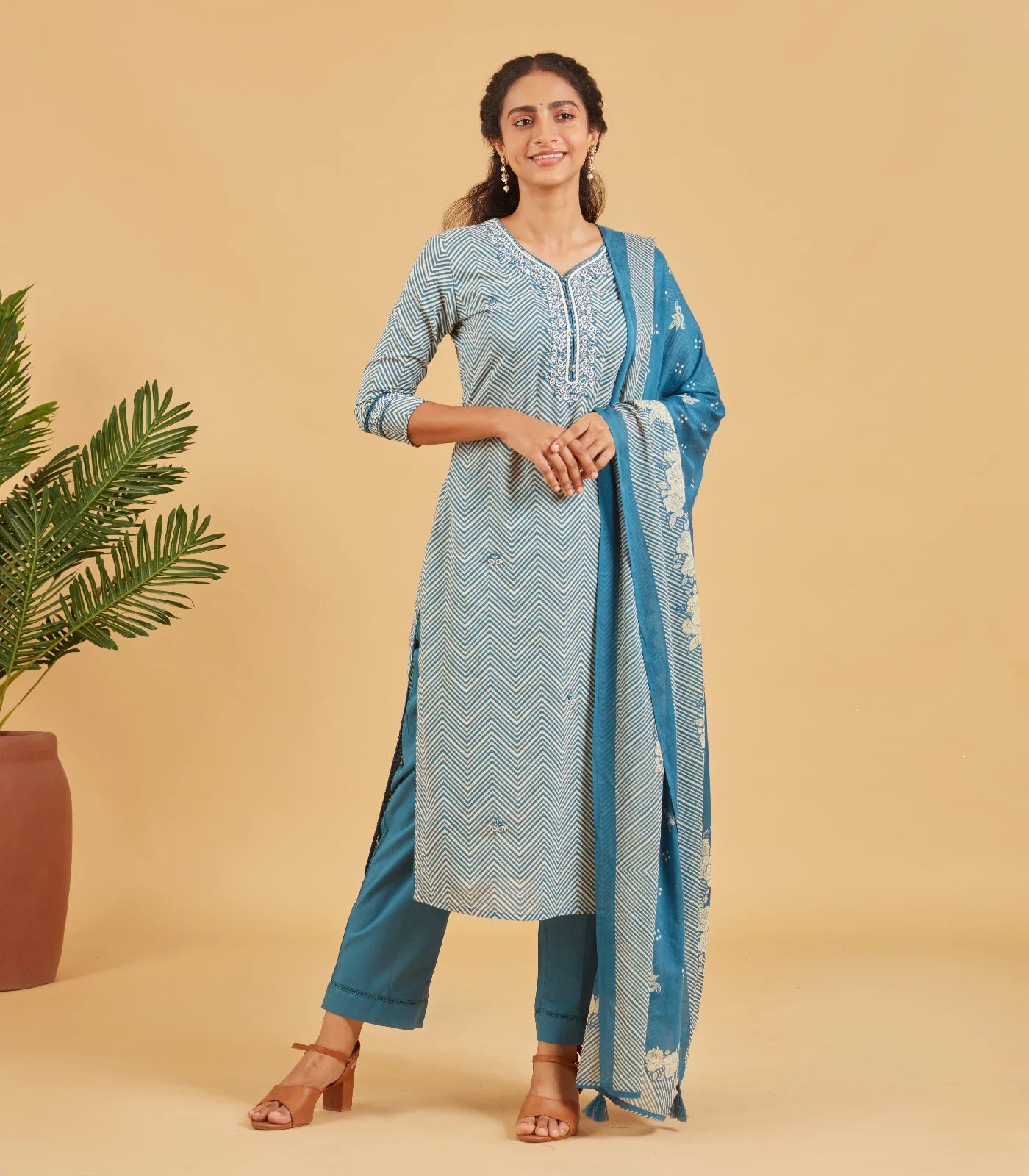 Classic Blue Cotton Kurta Set With Matching Dupatta