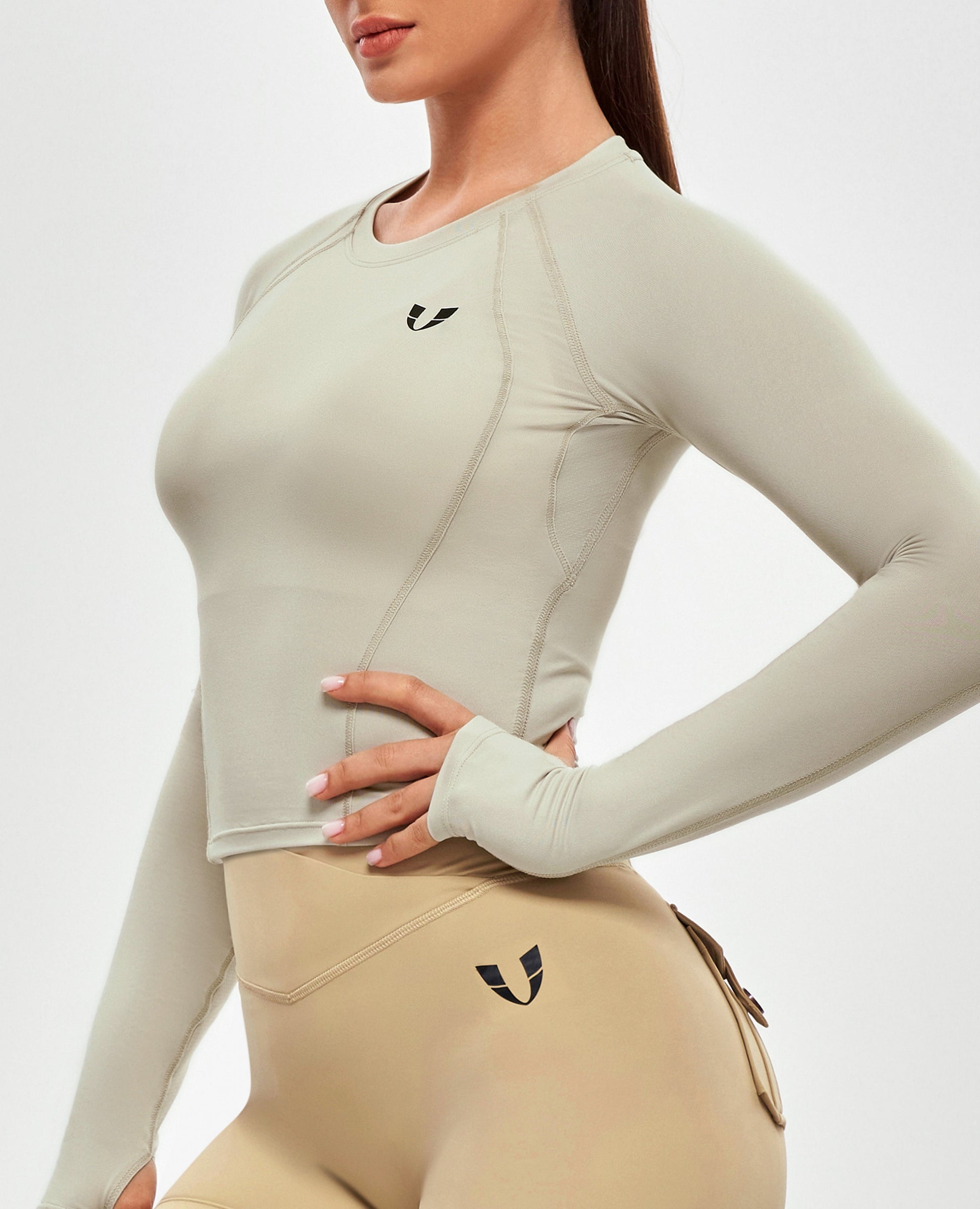 Long Sleeve Crop Top - Beige