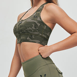 Zip Front Sports Bra - Green Camo