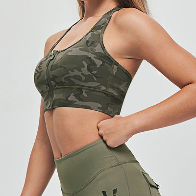 Zip Front Sports Bra - Green Camo