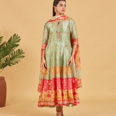 Misty Green Anarkali Set With Matching Dupatta