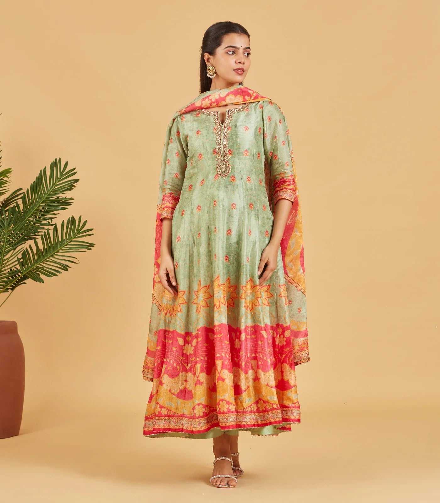 Misty Green Anarkali Set With Matching Dupatta
