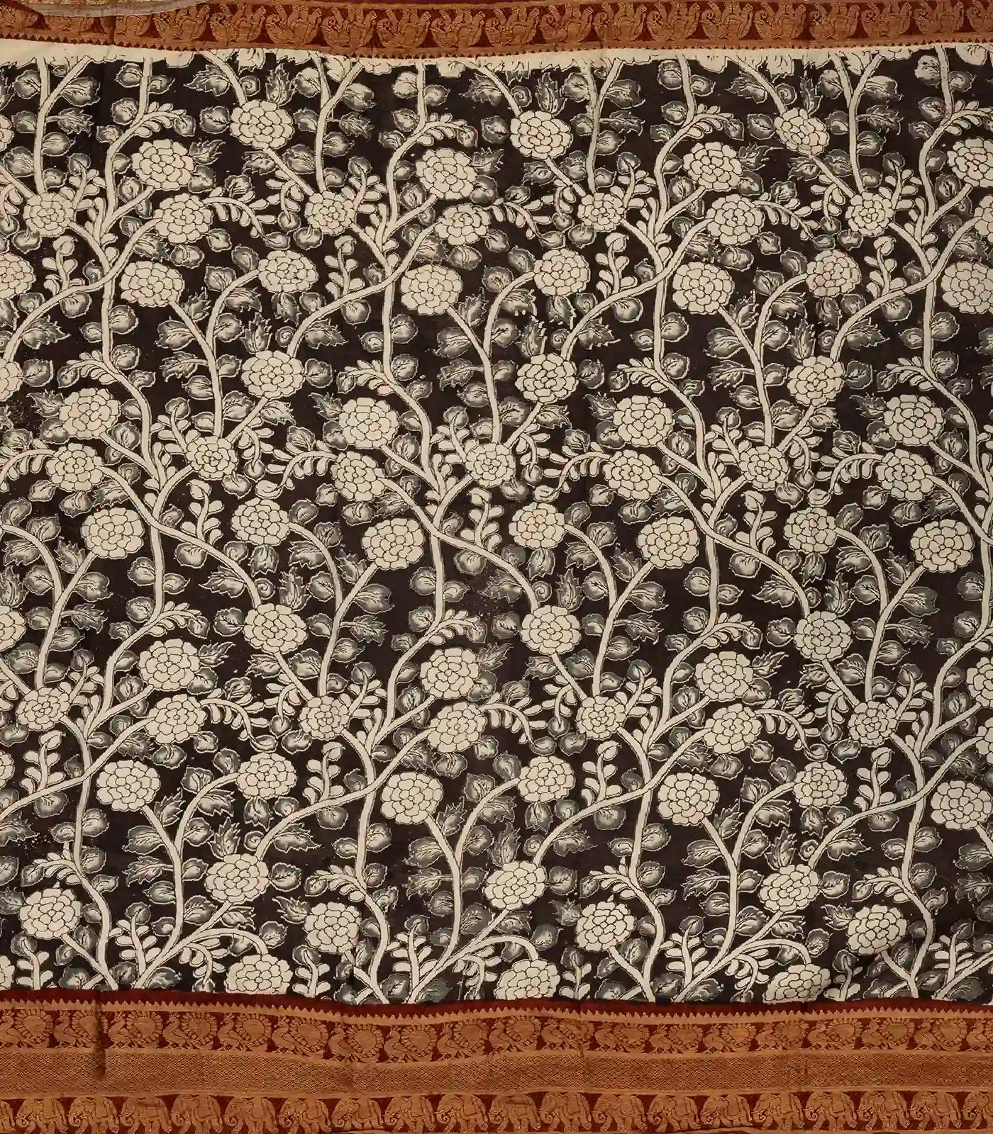 Off White Handloom Kalamkari Cotton Saree With Printed Annam Vine Motifs