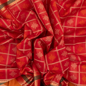 Red Handloom Silk Cotton Saree With Kolam Motifs in Checks