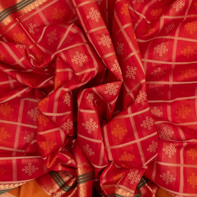 Red Handloom Silk Cotton Saree With Kolam Motifs in Checks