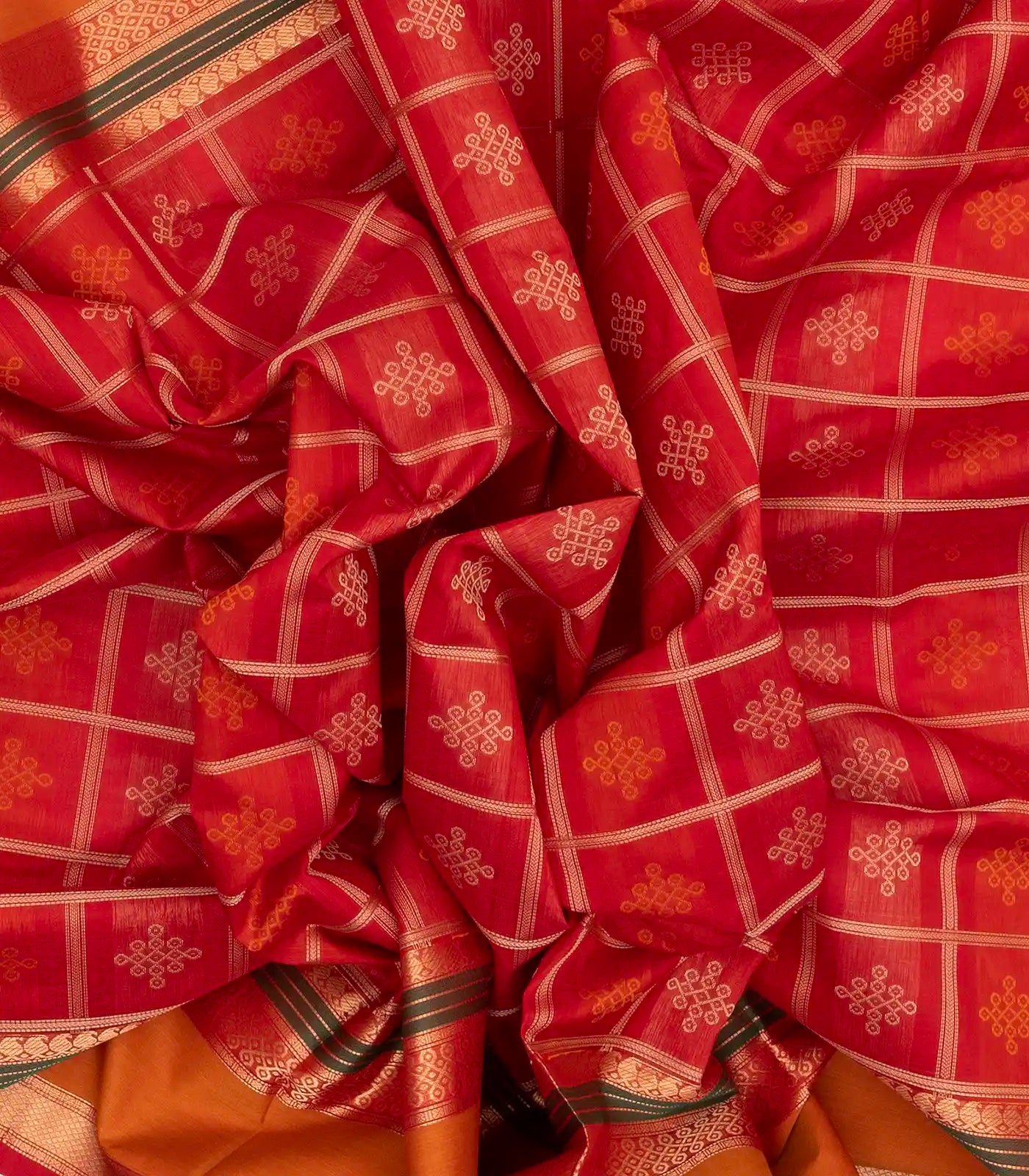 Red Handloom Silk Cotton Saree With Kolam Motifs in Checks