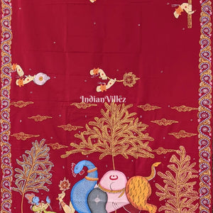 Reddish Maroon Arjuna Bows to Navagunjara Hand-Painted Pattachitra Saree