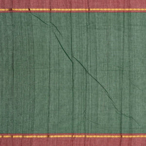 Dark Green Handloom Kanchi Cotton Saree With Zari Stirpes & Maroon Border