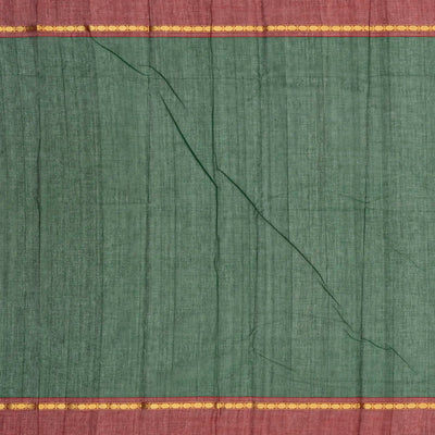 Dark Green Handloom Kanchi Cotton Saree With Zari Stirpes & Maroon Border