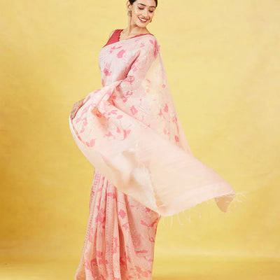 Baby Pink Handloom Tussar Silk Saree With Printed Floral Motifs