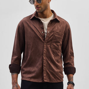 Brown Suede Snap Button Overshirt