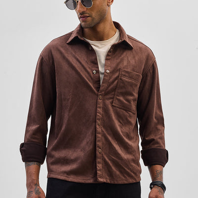 Brown Suede Snap Button Overshirt