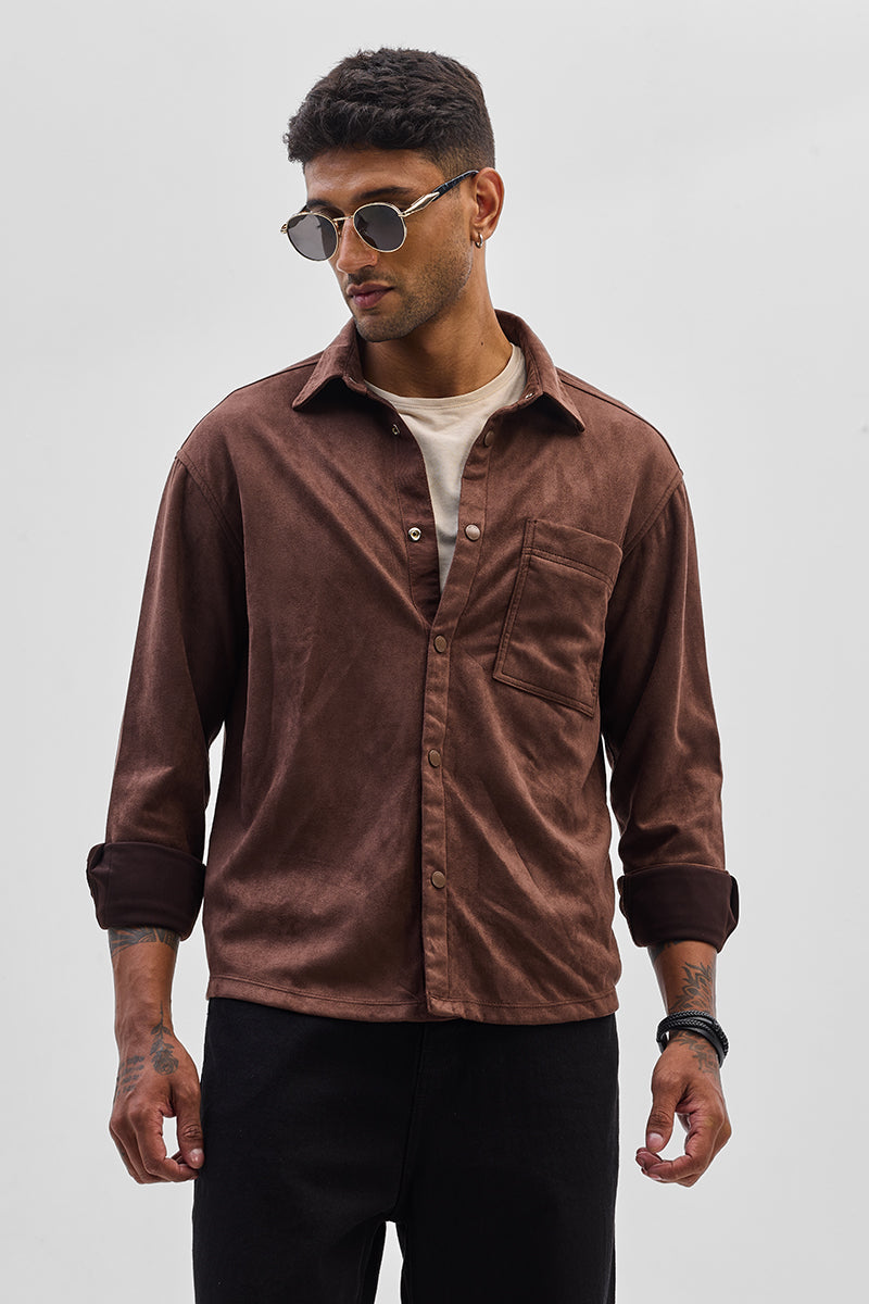 Brown Suede Snap Button Overshirt