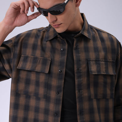 Men's Olive Oversized Fit Checked Shirt
