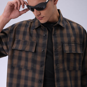 Men's Olive Oversized Fit Checked Shirt