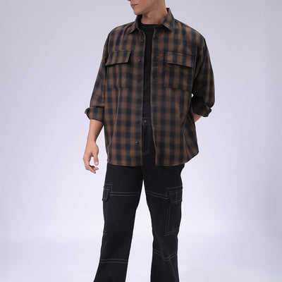 Men's Olive Oversized Fit Checked Shirt