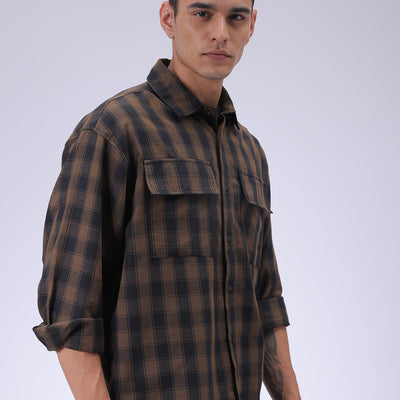Men's Olive Oversized Fit Checked Shirt