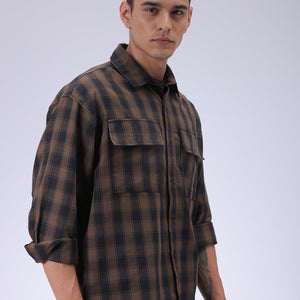 Men's Olive Oversized Fit Checked Shirt